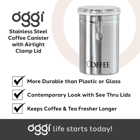 62 oz 5" 7.5". Oggi Stainless Steel Coffee Canister fl - Airtight Clamp Lid, Clear See-Thru Top - Ideal for Coffee Bean