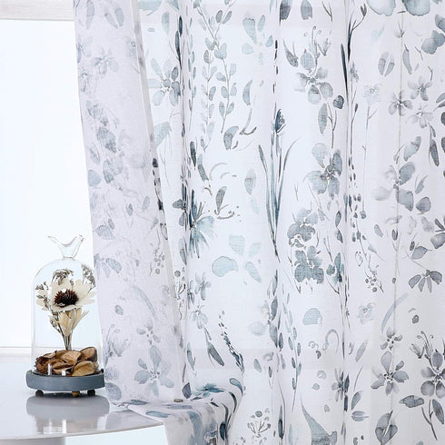 Set 3 Set 36 inch Fragrantex Blue and Grey Floral Sheer Kitchen Curtains and Valances for Cafe Piece Watercolor Flower