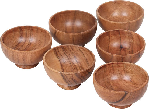 Set of 6 Acacia Wood Small Bowls, 4 fl oz Hand Carved Wooden Kitchen Mini Cups for Dipping Sauce, Salsa, Condiments