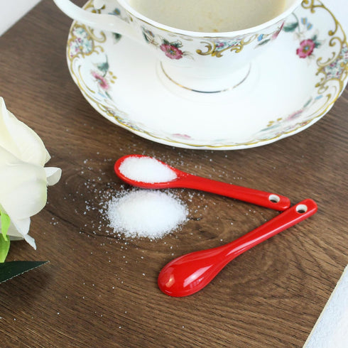 3.5” Ceramic Spoon Mini Coffee Spoon With Ceramic Asian Ceramic Spoons for Coffee Tea Yogurt Sauce Sugar Salt and Desserts Demitasse Espresso Spoons (Red spoon A set of 4)