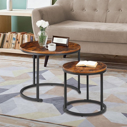 Set 2 SUPER DEAL Small Round Coffee Tables for Living Room Apartment, of Industrial Nesting Side End Table w/Wooden
