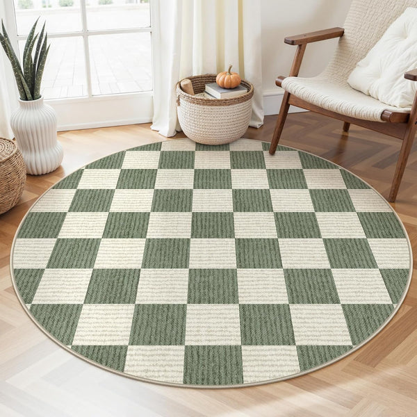 LIVEBOX Checkered Round Rug 4 Ft Washable Area Rug for Playroom Classroom,