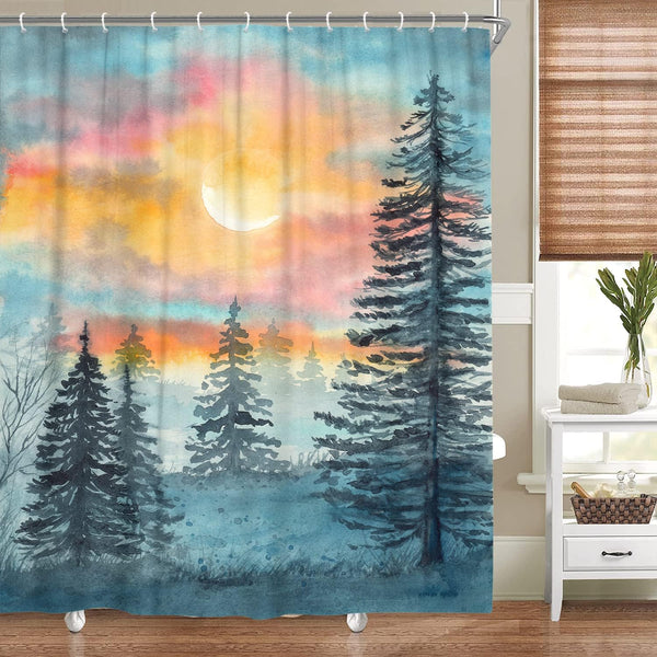 MERCHR Watercolor Forest Shower Curtain, Blue and Grey Woodland Tree Design, 60X72IN Bathroom Decor with Hooks