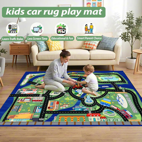 4'x6' Kids Car Rug Play Mat - City Road Map for Toy Cars, Non-Slip, Machine Washable, Educational Carpet for Playroom
