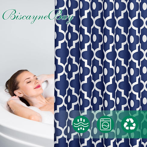 Biscaynebay Extra Long Textured Fabric Shower Curtains - 72" W x 84" L, Navy Morocco Pearl Printed Luxury Bathroom