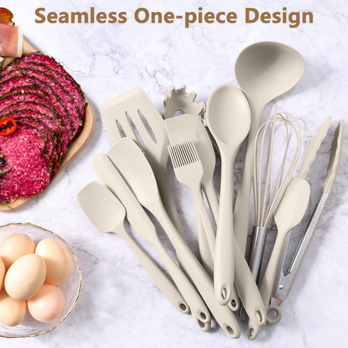 LIANYU 14 Pcs Kitchen Utensils Set with Holder, Heat Resistant Silicone Cooking Tools, Khaki