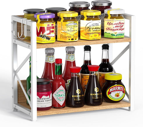RUILALIFE Kitchen-Countertop-Organizer-Shelf, 2 Tier Coffee Bar Station Organizer for Counter,Wooden Spice Rack