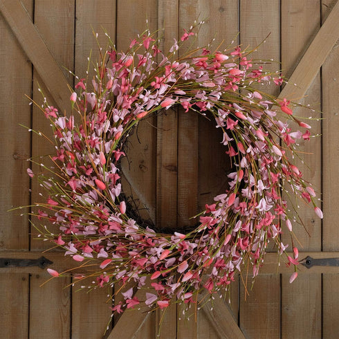 Bibelot 18inch Artificial Forsythia Flower Wreath, Pink, All Year Around Wreath for Front Door, Wedding Home Decor