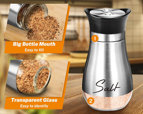 Set,4 oz Salt Shakers and Pepper Glass Bottom Salt Pepper Shaker with Stainless Steel Lid for Kitchen Gadgets Cooking