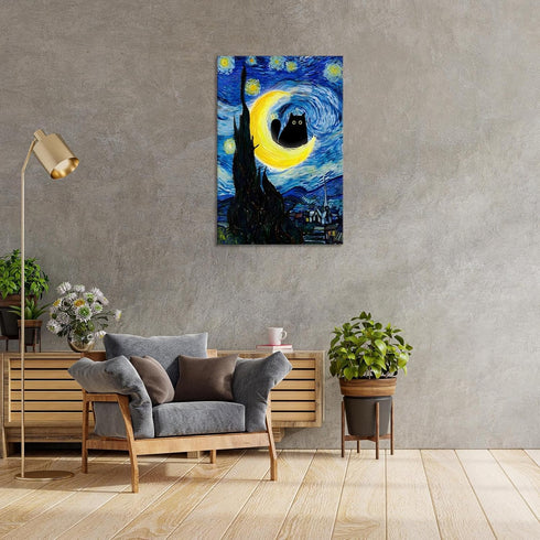 TYOHU Black Cat Canvas Wall Art, Starry Night Oil Painting, 12x16in Framed Colorful Abstract Floral Prints for Gallery