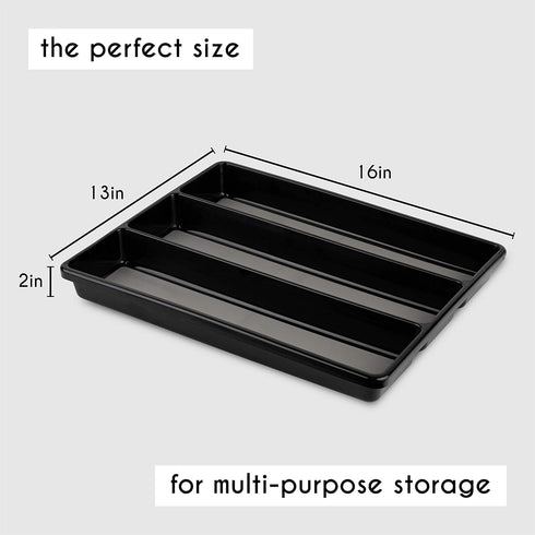 Kitchen Utensils Organizer, Large Non-Slip Cutlery Drawer Holder, 3 Compartment Multi-Purpose Home Organization, Black