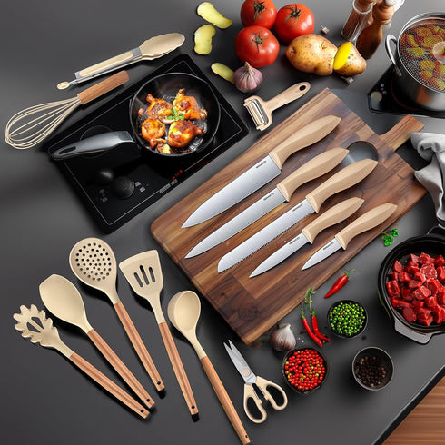 RAXCO 18 Pieces Kitchen Set, 7 Silicone Cooking Utensils, 6 Knife Set with Sharpener, 5 Cookwares, Khaki