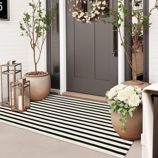 Striped Outdoor Front Door Mat 24"x51", Washable Black and White Rug Runner, Reversible Foldable Doormat