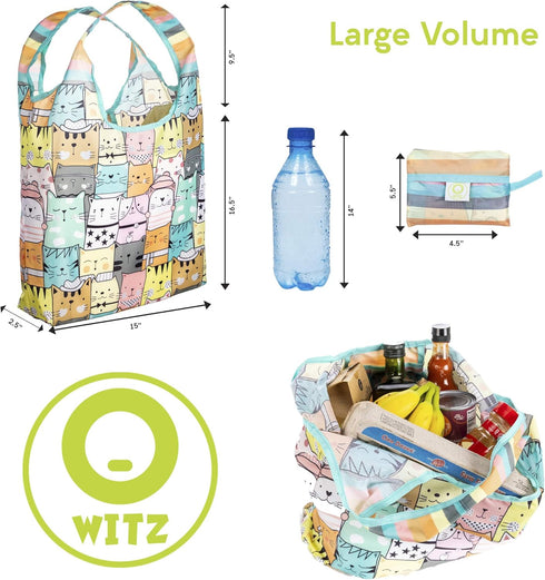 O-WITZ Reusable Grocery Bags, Vibrant Tote Bag for Groceries, Washable Design, 3 Pack, Cats