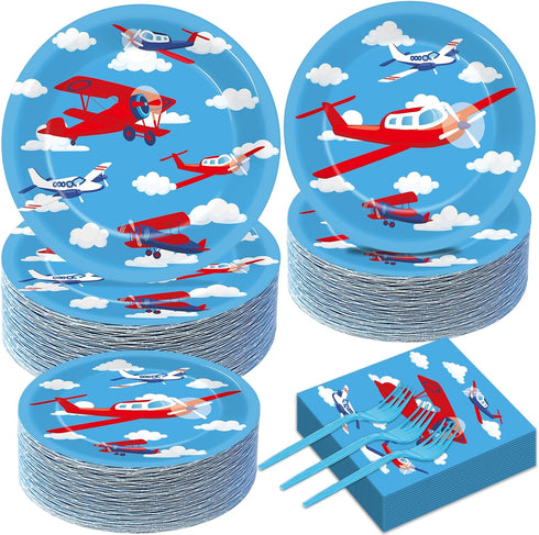 Qyeahkj 50 Guests Airplane Plates and Napkins Party Supplies Plane Party Decorations