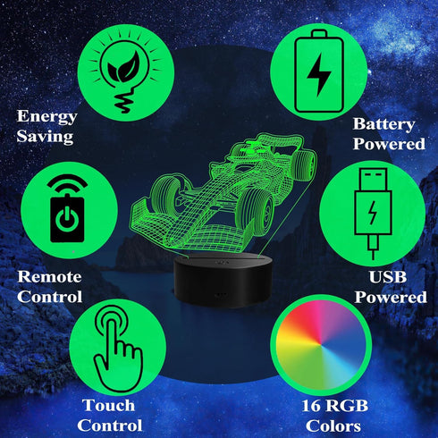 F1 3D 16 4 Dimmable, Car Night Light, Formula One Gifts, Illusion Lamp with Remote Control, RGB Colors, Flashing Modes