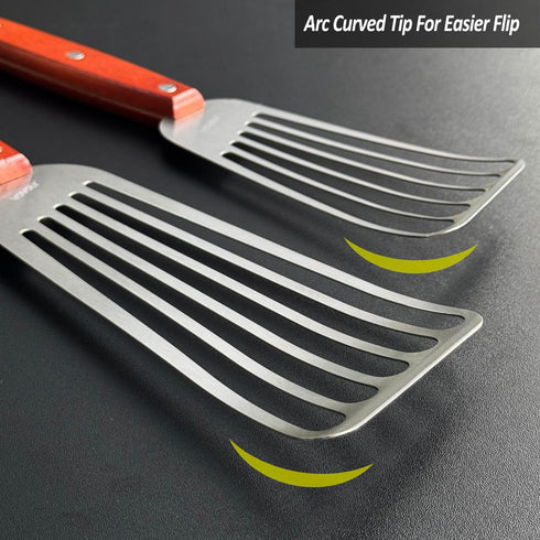 2 Pack Fish Spatula Turner - Stainless Steel Slotted Spatulas for Flipping & Grilling, Wooden Handle