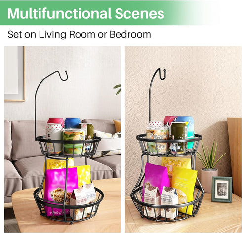 SAYZH 2-Tier Countertop, Fruit Basket Bowl Stackable Vegetable Storage with Banana Tree Hanger Stand for Kitchen Metal