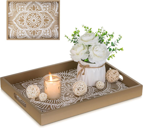 Decorative Serving Tray with Handles - Hanobe Floral Wooden Coffee Table Trays