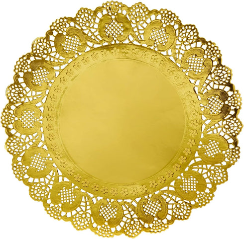 Juvale 12-Inch Round Gold Lace Paper Charger Plates - 60 Pack, Disposable Table Placemats for Cakes & Desserts