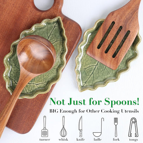 Ceramic Spoon Rest for Stove Top, Cute Green Leaf Shaped Spoon Holder for Kitchen Countertop, Cooking Utensil Rest