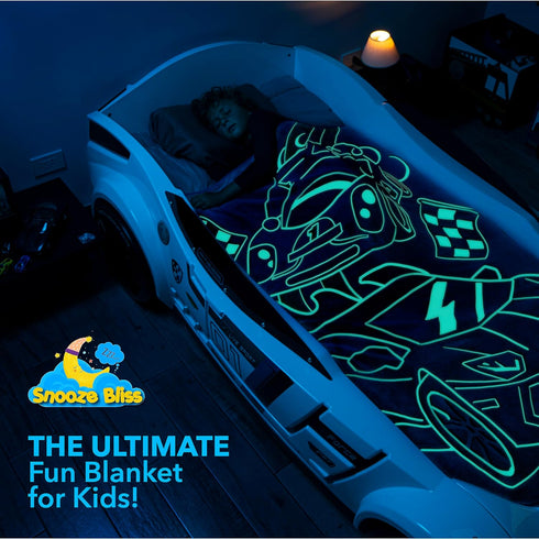 Glow in the Dark Race Car Throw Blanket – Fun Gift for Kids Who Love Toy Cars & RC Cars, Cool Hot Rod Design