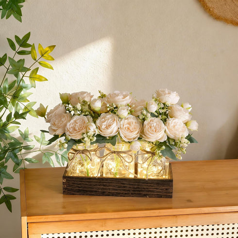 3 Summer LUEUR Mason Jar Lights Centerpiece with Farmhouse Wood Tray Jars with Champagne Peony Spring Flowers, Spring