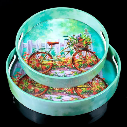 Set 2 Counter Crocon Round Wooden Ottoman Trays with Handles of Cycle Printed Farmhouse Decorative Serving Trays
