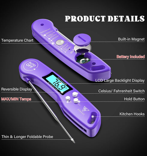 DOQAUS Digital Meat Thermometer, Instant Read Kitchen Probe with Backlit Display for Cooking, BBQ, Baking
