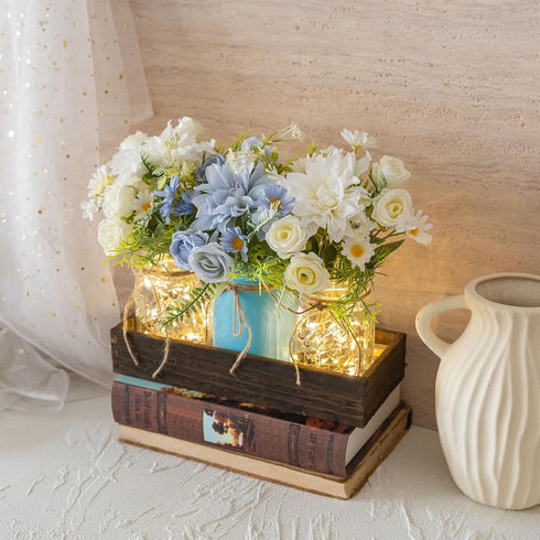 3PCS LUEUR Artificial Flowers Blue Dahlia in Mason Jars with Wood Tray for Dining Table Coffee Table Farmhouse Home