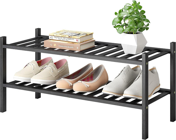 Shoe Rack, 2-Tier Bamboo Stackable Shoe Shelf Storage Organizer for Closet, Entryway and Hallway