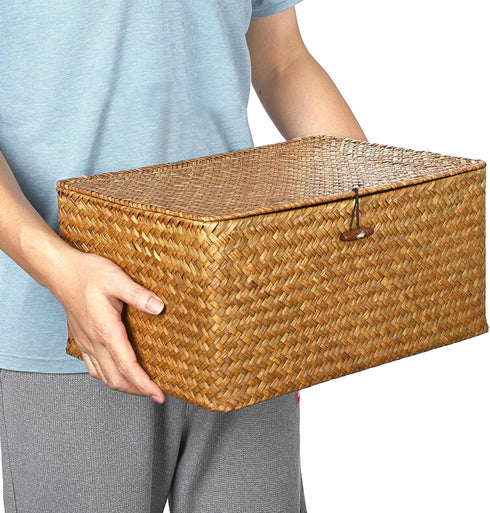 Hipiwe Handwoven Seagrass Wicker Shelf Baskets Bin with Lid, X-Large Rectangular Storage Bins for Home Organizer