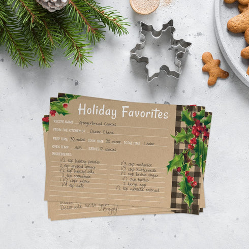 Kraft Look Holiday Favorites Recipe Cards / 50 Rustic Faux Kraft Christmas Cards / 4" x 6" Double Sided