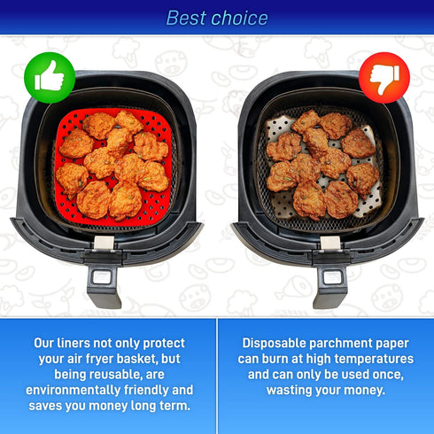 Reusable Silicone Air Fryer Liners with Air Fryer Magnetic Cheat Sheet, Easy Clean Air Fryer Accessories, Non Stick, AirFryer Accessory Parchment Paper Replacement - 6.5" Square by LOTTELI KITCHEN