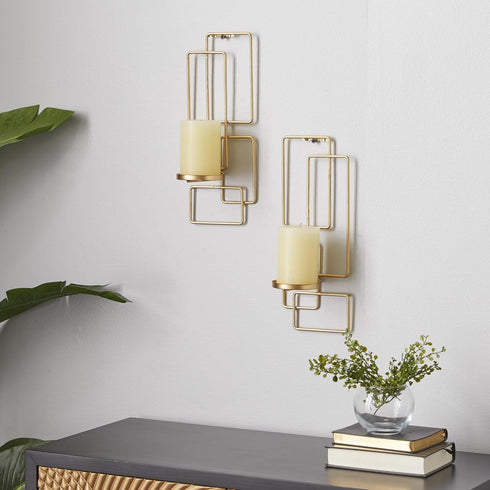 79 2 Set 2, 5"W, 13"H, Deco Metal Geometric Tealight Plate Wall Sconce, of Gold