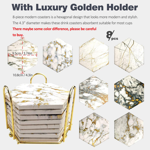 Set 8 Set, Coasters of with Metal Holder Stand, Marble Design Ceramic Coaster Cork Base, Gold Home Decor for Tabletop