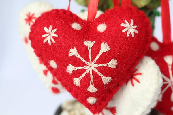 Hearts Christmas Ornaments Set of 4, 100% Pure New Zealand Wool Handmade Eco-Friendly Decor