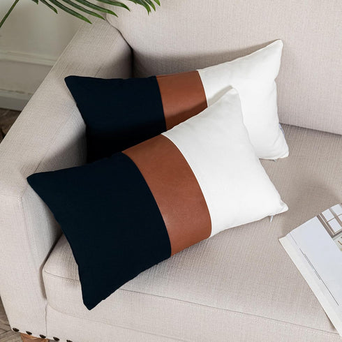 12x20 Set 2, Lumbar Pillow Covers of Reversible Black White Cotton & Brown Leather Patchwork Pillow Case for Sofa Bed