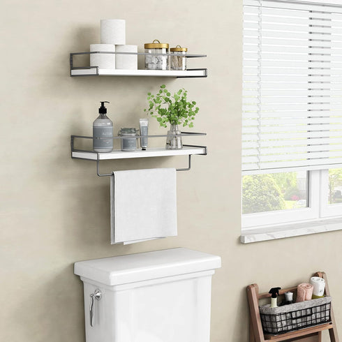 Set 2) Forbena White Floating Shelves for Bathroom Organizer Over Toilet, Bathroom Shelves Wall Mounted with Towel