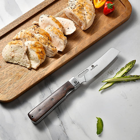 ZhengSheng Folding Chef Knife 4.8" Sharp 440A Stainless Steel Blade, Wooden Handle Pocket Foldable Kitchen Knife