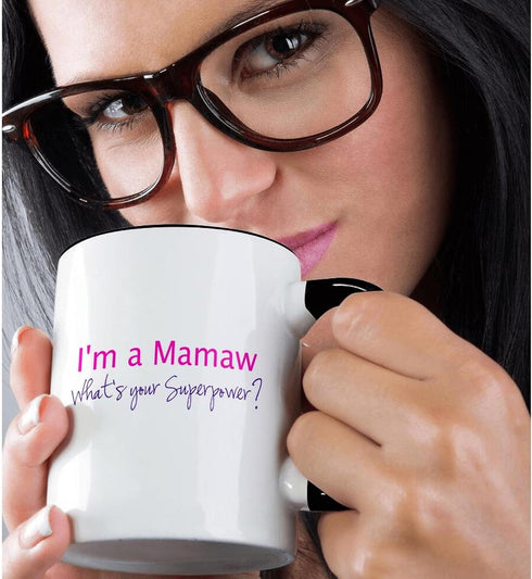 3dRose I'M A Mamaw What's Your Superpower Mug, Hot Pink - Funny Gift for Grandma, Black/Pink, 11 oz