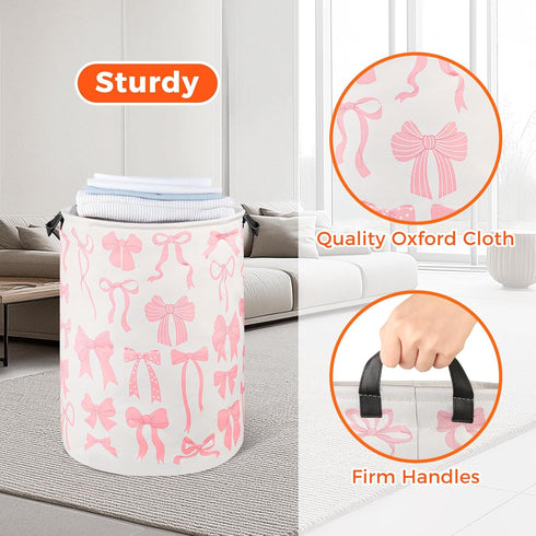 SEASINK 17.71"x13.77" Pink Laundry Basket Bow Decor for Girls Room Cute Teens Nursery Hamper Kids Bin for Dorm Bathroom
