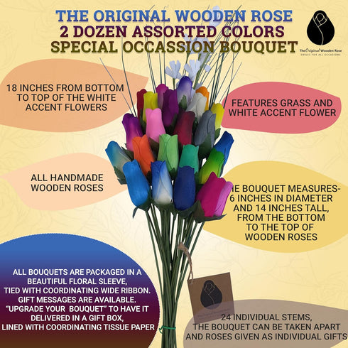 Assorted Colors Wooden Rose Closed Bud Bouquets, 2 Dozen