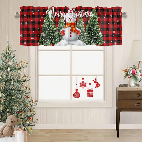 Christmas Valance for Windows, Snowman with Xmas Tree Window Toppers, 1 Panel Red Buffalo Plaid Check Treatments 54 x