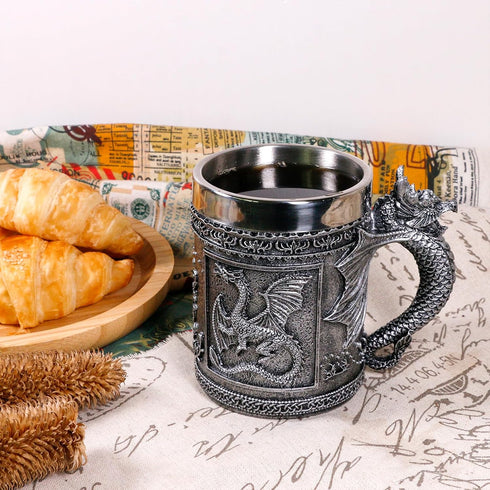 Medieval Roaring Dragon Mug - Dungeons and Dragons Beer Stein Tankard, 15.8oz Stainless Coffee Mug for GOT Lovers