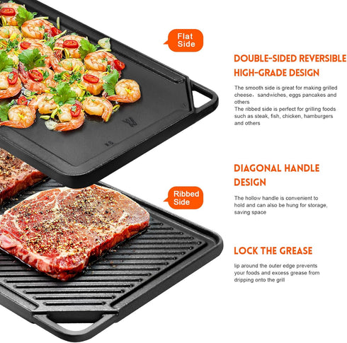 GGC Cast Iron Griddle for Gas Stove, Reversible Griddle Plate for Outdoor and Indoor Cooking, 20 x 10