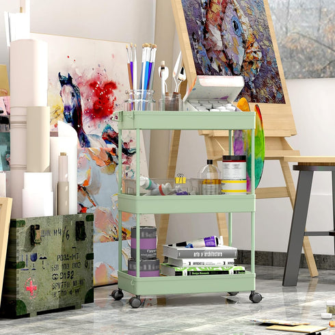3-Tier SPACEKEEPER Green Rolling Storage Cart, Bathroom & Kitchen Organizer, Modern Plastic Frame, Adjustable Shelves