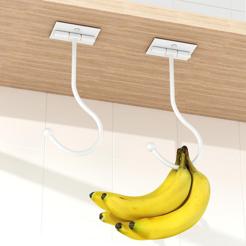 2-Pack Under Cabinet Banana Hook, Metal Hanger, Adhesive Foldable Banana Rack, Keep Bananas Fresh (White)