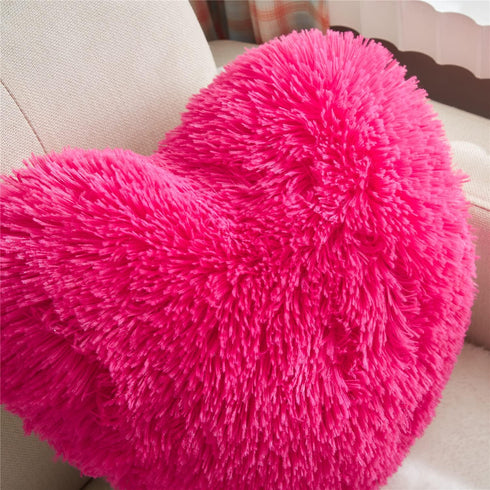 MOOWOO Fluffy Faux Fur Heart Throw Pillow, Solid Color, Sherpa Plush, Hot Pink Love Pillow for Valentine's & Mother's