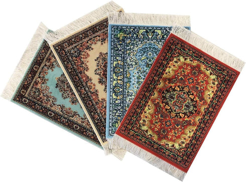 Carpet Coasters, Set of 4, Turkish Rug Style Table Drink Mats, Absorbent Kitchen and Dining Accessories